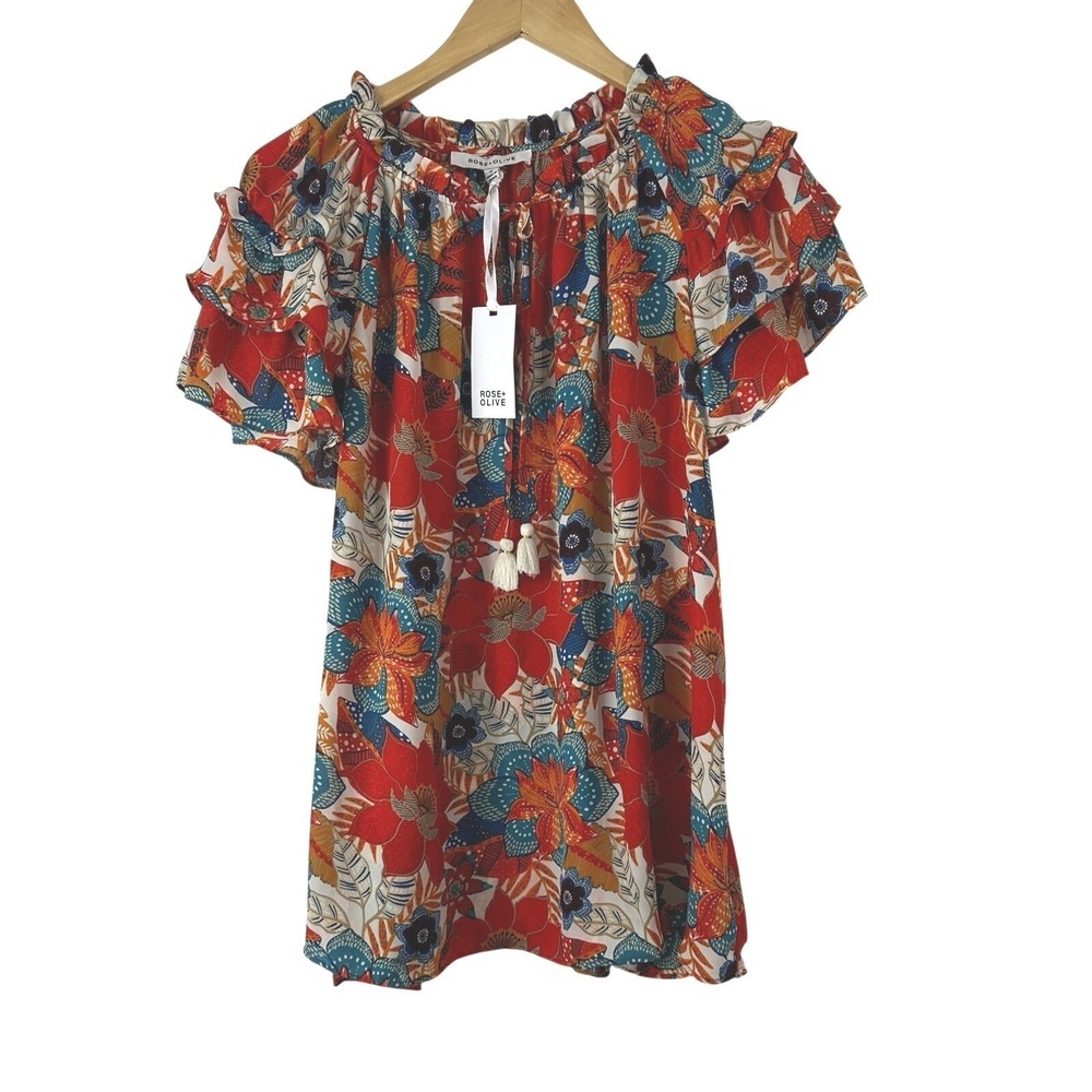 Rose + Olive Vibrant Floral Top Womens 1X Layered Flutter Sleeve Boho Tassel
